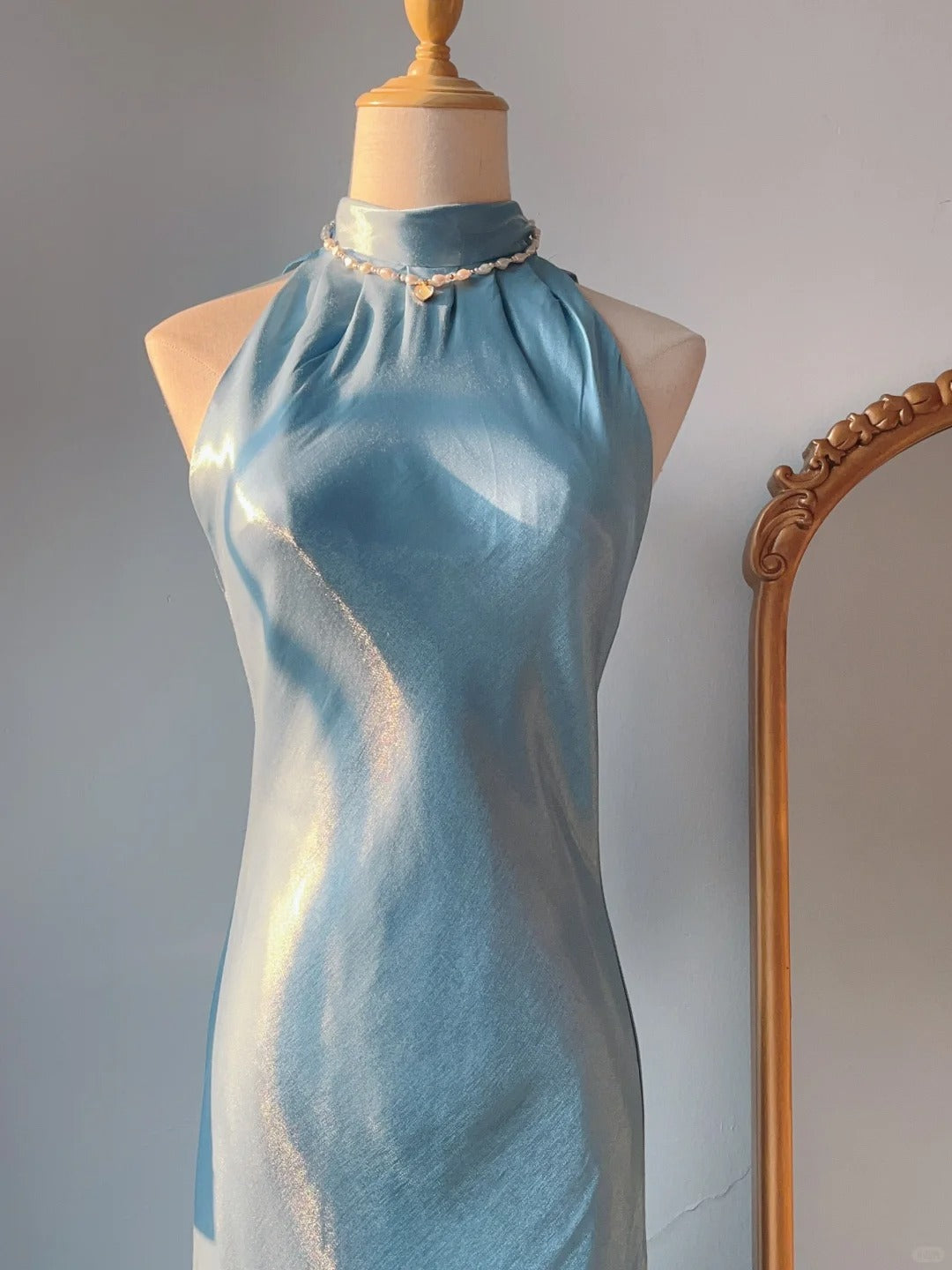 Vintage Prom Dresses 90s Mermaid High Neck Blue With Ruffles Sleeveless Knee Length Evening Formal Outfits RB4257