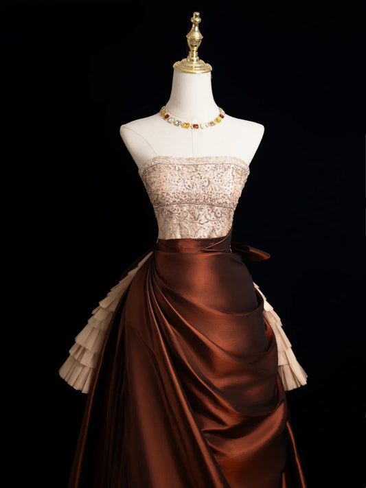 Modest Ball Gown Strapless Champagne Beaded Top Brown Skirt Long Evening Prom Dresses Long Evening Formal Dress N272