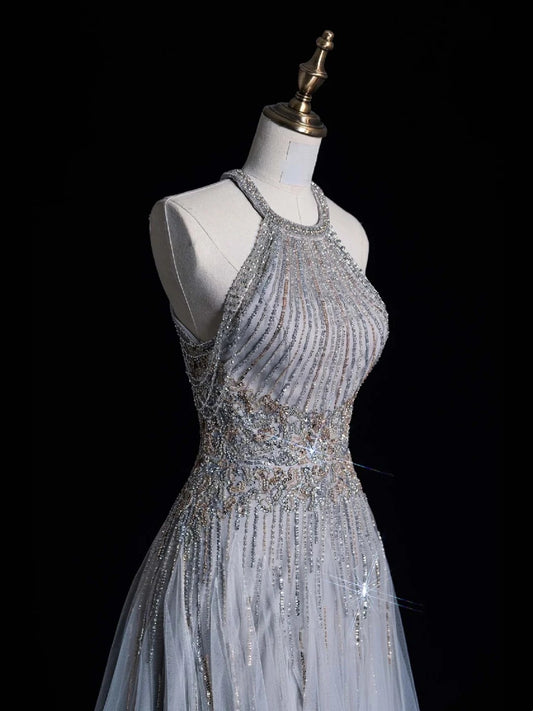 Chic A line Halter Silver Gray Sequins Senior Prom dresses High School Long Formal Dresses N1270