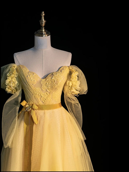 Modest Ball Gown Off The Shoulder Yellow Tulle College Formal Sweet 16 Outfit Long Sleeves Prom Dresses For Teens N1169