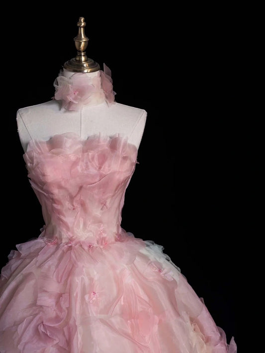 Modest Ball Gown Strapless Pink Floral Tulle Prom Dresses Inspiration Party Gowns Princess Formal Dress N755