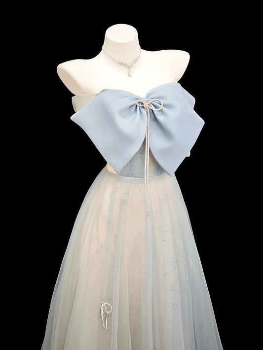Princess Prom Dresses Formal A Line Strapless Light Blue Tulle Sleeveless Long Party Gowns N4543