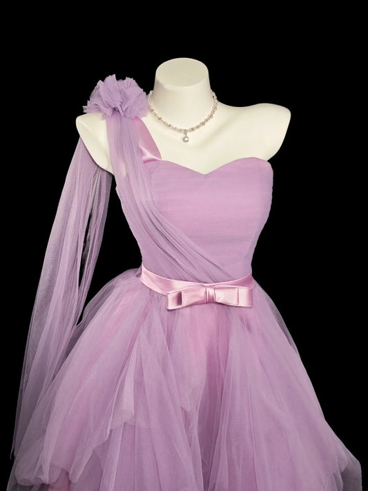 Dream A line One Shoulder Lilac Tulle Senior Short Graduation High School Homecoming Dresses N4551