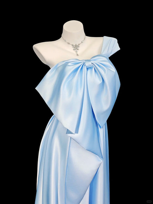 Princess Prom Dresses Formal A Line One Shoulder Blue Satin Sleeveless Long Party Gowns N4545