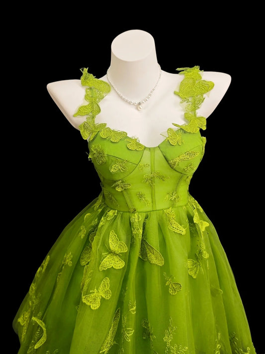 Romantic Ball Gown Spaghetti Strap Green Tulle Lace Senior Inspo Graduation High School Homecoming Dresses N4501