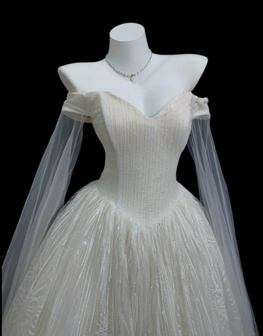 Elegant Ball Gown Off The Shoulder White Sequin With Cape Wedding Bridal Gown Long Wedding Dresses RB4463