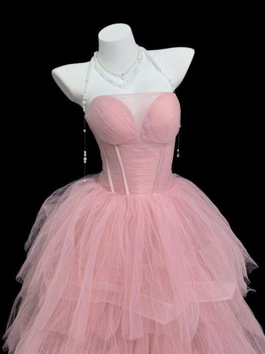 Princess Prom Dresses Formal Ball Gowns Strapless Sleeveless Pink Tulle Long Party Gowns N4509