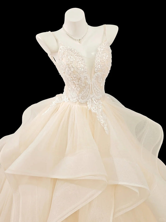 Princess Prom Dresses Formal Ball Gowns Spaghetti Strap Light Champagne Long Party Gowns N4557