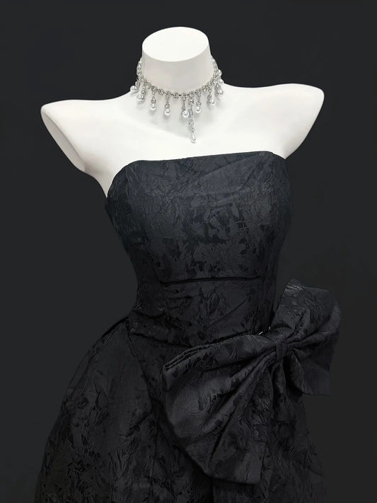 Romantic A Line Strapless Little Black Dress Short With Bow-knot Graduation High School Homecoming Dresses N4492