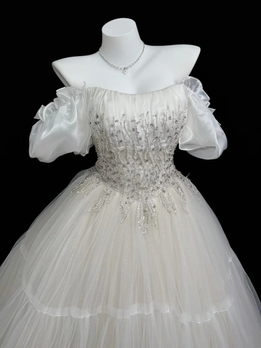 Elegant Ball Gown Off The Shoulder White Tulle With Beading Wedding Bridal Gown Long Wedding Dresses RB4454