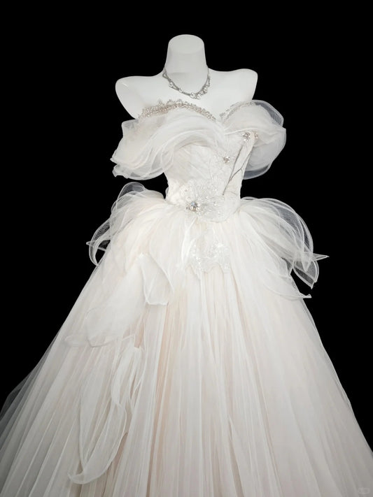 Chic Wedding Dresses Ball Gown Off The Shoulder Garden White Sequin Vintage Wedding Dress N4539