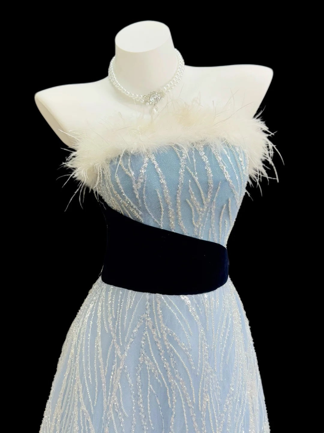 Princess Prom Dresses Formal A Line Strapless Sequin Light Blue With Feathers Long Party Gowns N4522