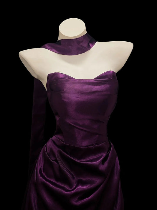 Chic Mermaid Strapless Purple Satin With Ruffled Date Floor Length Night Evening Outfit Formal Prom Dresses RB5438