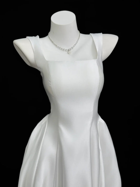 Stylish A Line Square Neck White Satin Floor Length Prom Dresses Inspo Formal Outfits RB4456
