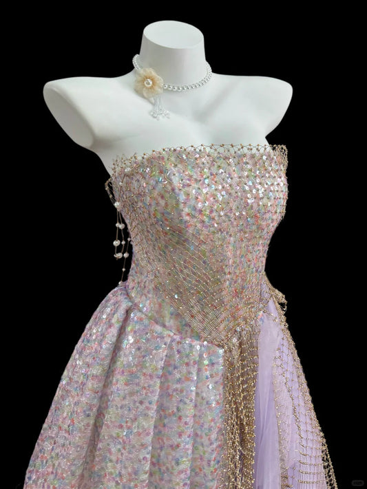 Princess Prom Dresses Formal A Line Strapless Sequin Lilac Tulle Long Party Gowns N4526