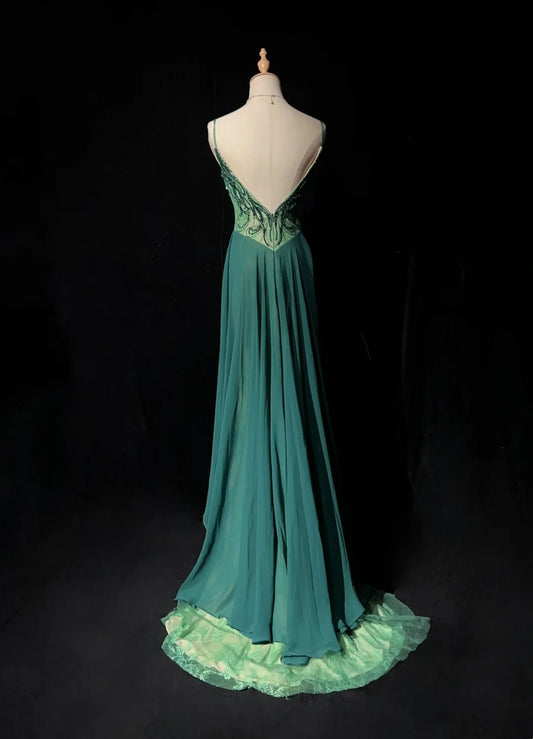 Vintage Prom Dresses Mermaid Spaghetti Strap Green Beaded 90s Long Formal Evening Gown N2649