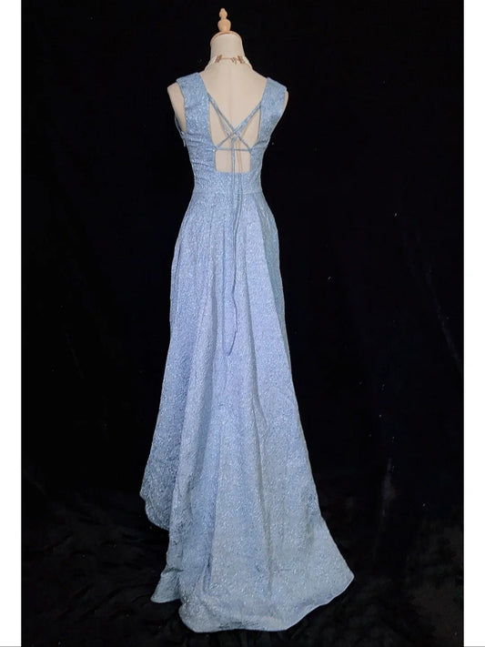 Vintage Classy Prom Dresses High Low Light Blue V Neck Lace Satin With Ruffled Evening Long Dress N3299
