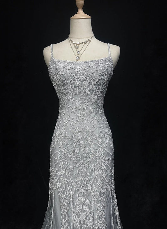 Dreamy 90s Prom Dresses Mermaid Spaghetti Strap Grey With Lace Formal Evening Outfits N3829