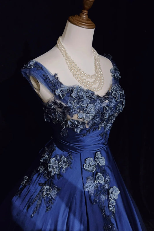 Vintage Prom Dresses Ball Gown Sweetheart Navy Blue Satin With Applique 90s Long Formal Evening Gown N2658