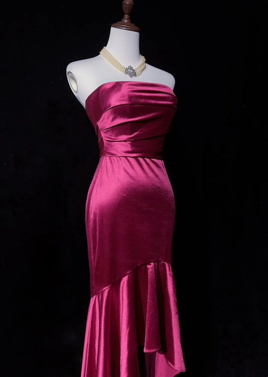 Vintage Prom Dresses Mermaid Strapless Fuchsia Satin High Low 1990s Formal Evening Gown N2650