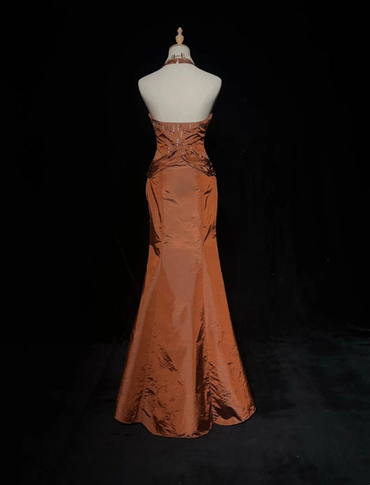 Vintage Prom Dresses Mermaid Halter Orange Taffeta With Beads 90s Long Evening Gown N2917
