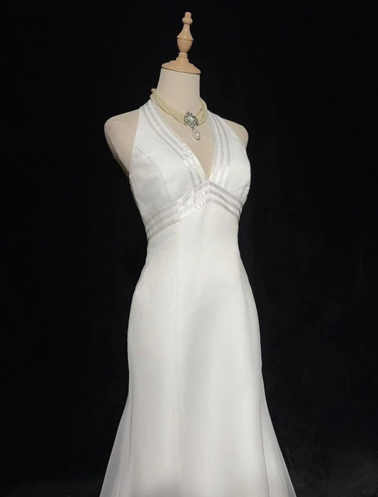 Vintage 20s Wedding Dresses Mermaid Halter White Plain Summer Garden Long Bridal Gown N3702