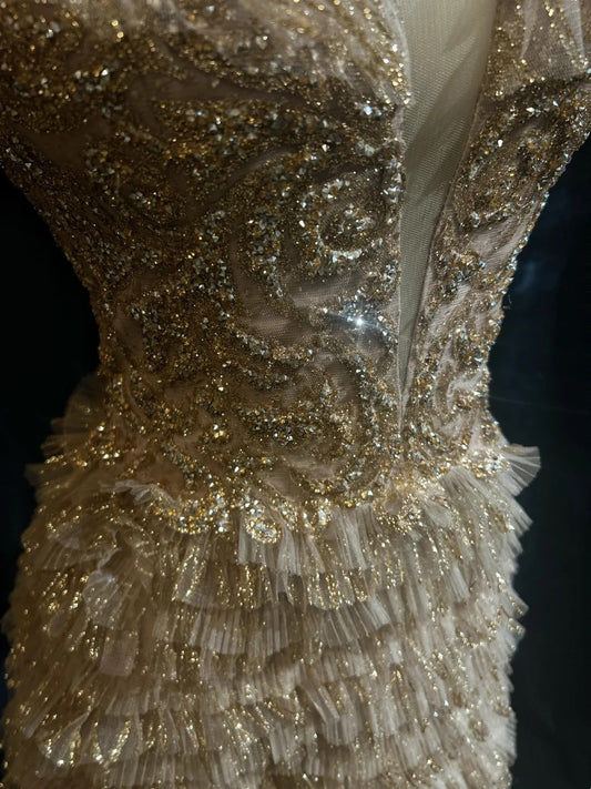 Vintage Prom Dresses A line Spaghetti Strap Gold Lace With Sleeves 80s Evening Formal Dress RB3268
