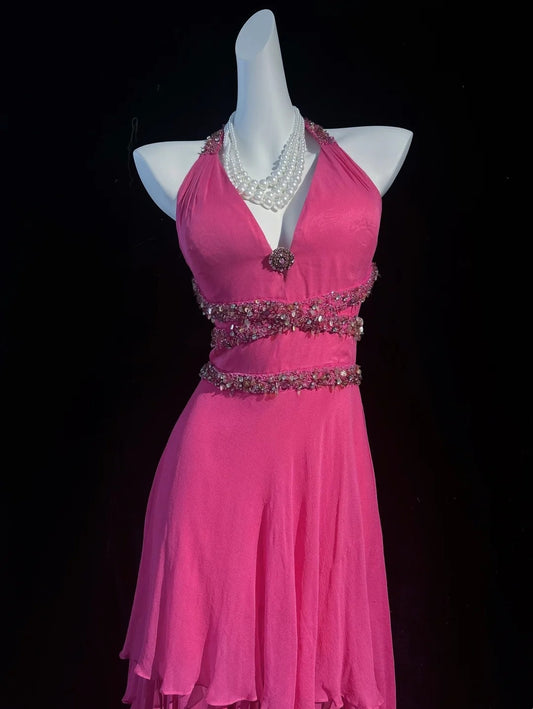 Retro High Low Halter Pink Tea Length Chiffon With Beads Prom Dresses Formal Party Outfits RB3951