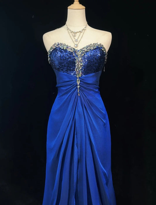 Vintage Prom Dresses 1960s Mermaid Sweetheart Royal Blue Chiffon With Beaded Long Prom Gown N3115
