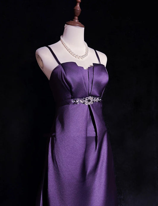Simple Prom Dresses A Line Spaghetti Strap Grape Tea Length Formal Party Dress N2530