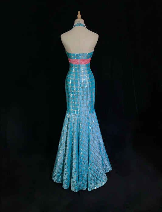 Vintage Prom Dresses Mermaid V Neck Blue Sequin Sleeveless 1980s Long Formal Gown N2866