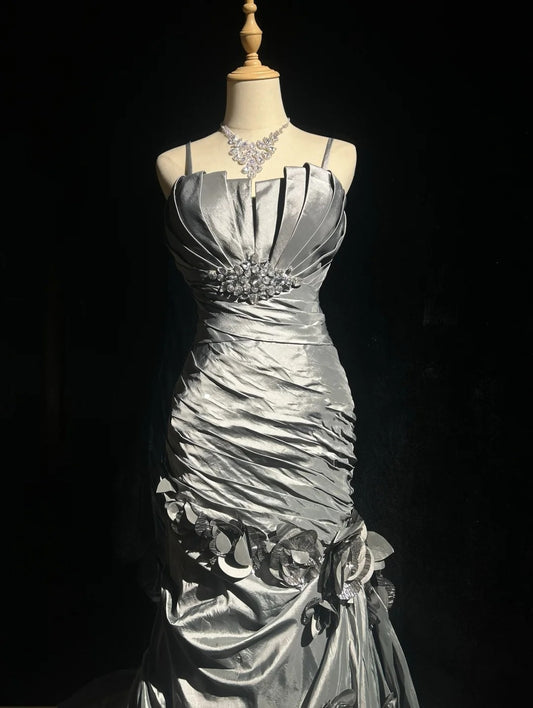 Beautiful Prom Dresses Mermaid Spaghetti Strap Silver Gray With Flowers Long Formal Evening Outfits N3684