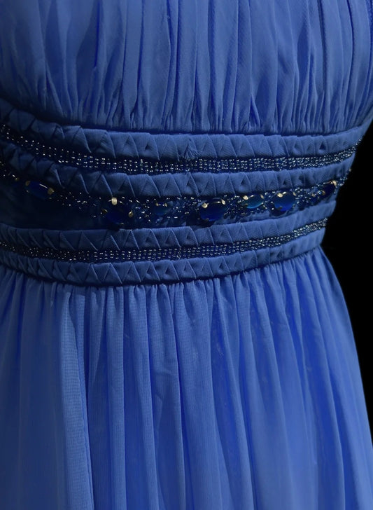 Vintage Prom Dresses A Line Spaghetti Strap Blue Chiffon With Beading Long Formal Dress N2446