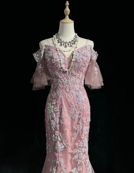 Modest Prom Dresses Mermaid Spaghetti Strap Pink Lace Short Sleeves Long Formal Evening Outfits N3627