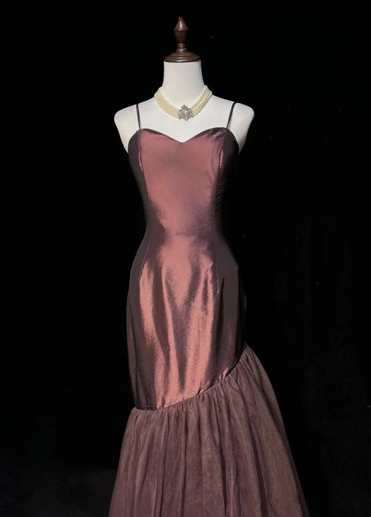 Vintage Prom Dresses Mermaid Spaghetti Strap Brown Tulle 80s With Ruffled Long Formal Evening Outfits N4214