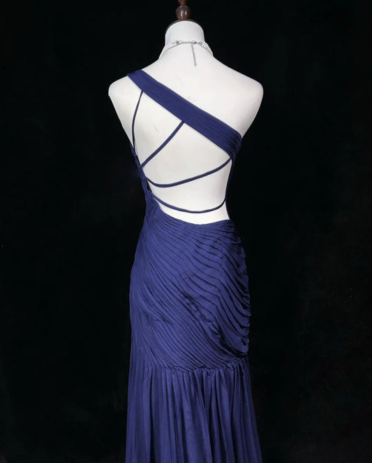 Dreamy 90s Prom Dresses Mermaid One Shoulder Navy Blue With Pleated Formal Evening Outfits N3836