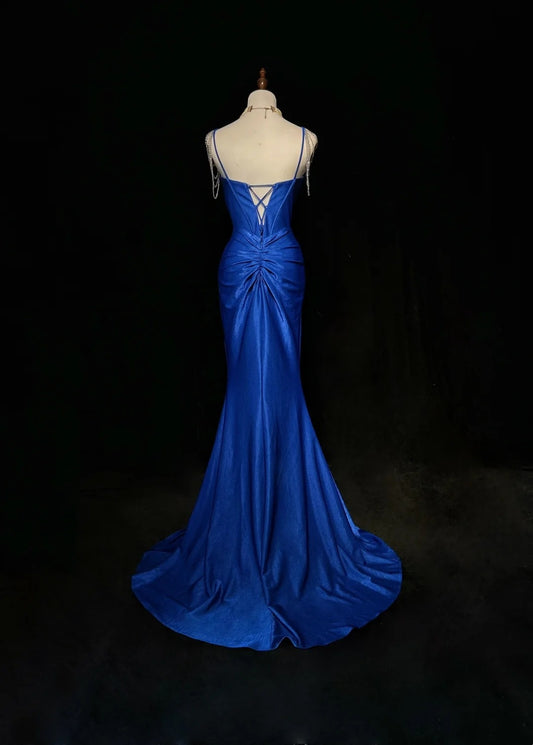 Vintage Prom Dresses Mermaid Royal Blue Sequin With Corset Top Long 80s Formal Gown N2580