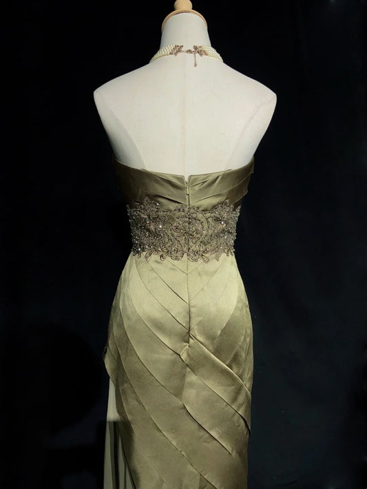Modest Prom Dresses Mermaid Sweethart Olive Green Satin Sleeveless Formal Outfits N3609