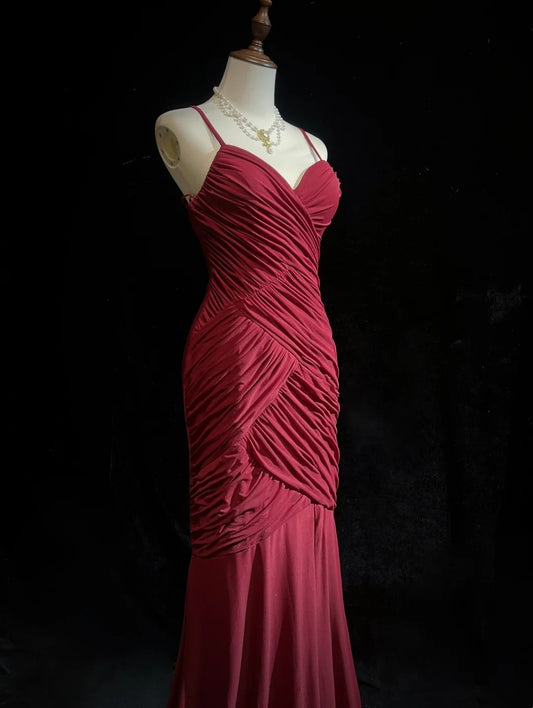 Vintage Mermaid 2000s Spaghetti Strap Burgundy Chiffon With Pleated Formal Dress Long Prom Dresses N2577