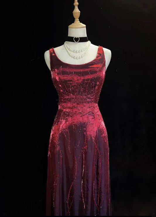 Vintage Prom Dresses A line Square Burgundy With Sparkles Beaded 80s Evening Formal Dress RB3278