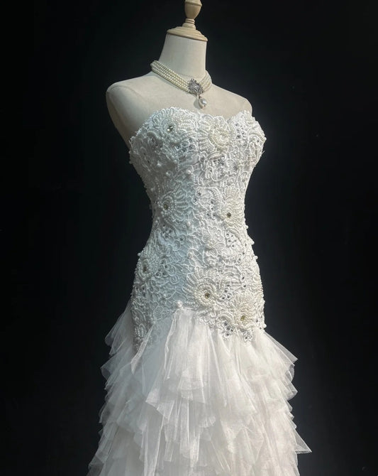 Simple Wedding Dresses Mermaid Sweetheart Lace And Tulle White Summer Beach Long Wedding Gown N3832