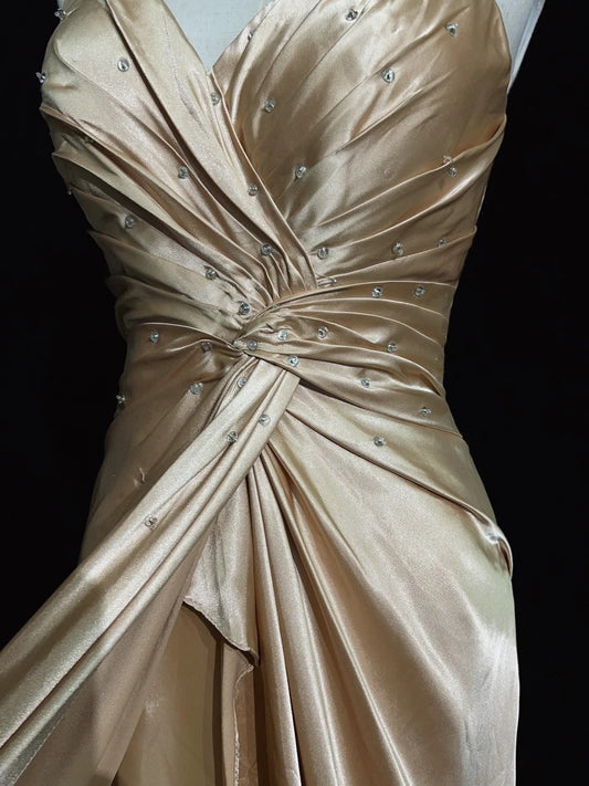 Vintage Prom Dresses Inspo A Line V Neck Gold Satin Long 1990s With Beading Formal Gowns N3347