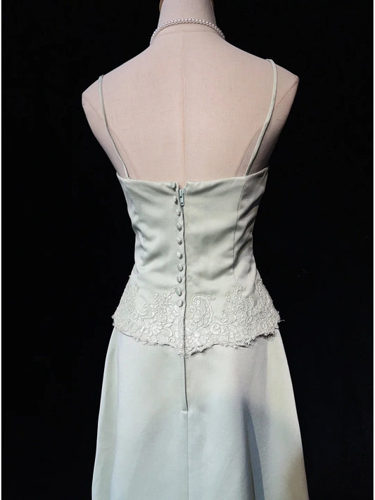 Modest Prom Dresses Inspo A line Halter Light Sage Green Satin With Lace For Women Formal Dress N3225