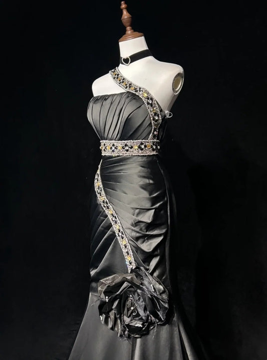 Vintage Mermaid One Shoulder Black Tie Dress Evening Long Prom Dresses Formal Outfits RB3936