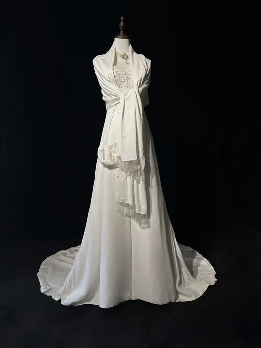 Vintage A Line Spaghetti Straps White Satin Lace With Cape Wedding Ruffled Bridal Gown Long Wedding Dresses RB4330