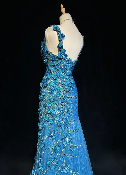 Vintage 1980s Prom Dresses Mermaid Irregular Shoulder Strap Royal Blue Sequin Long Formal Party Dress N2537