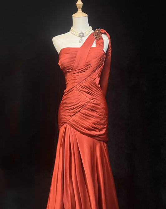 Vintage Prom Dresses Mermaid One Shoulder Dusty Orange Satin With Beading Long Formal Dress N2452