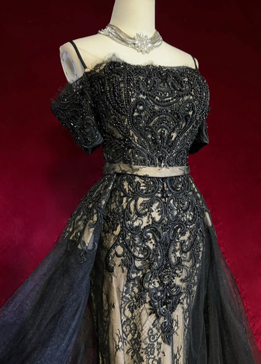 Retro Gown Prom Vintage Dresses Mermaid Spaghetti Strap Black Lace With Train Long 90s Formal Outfits N2325
