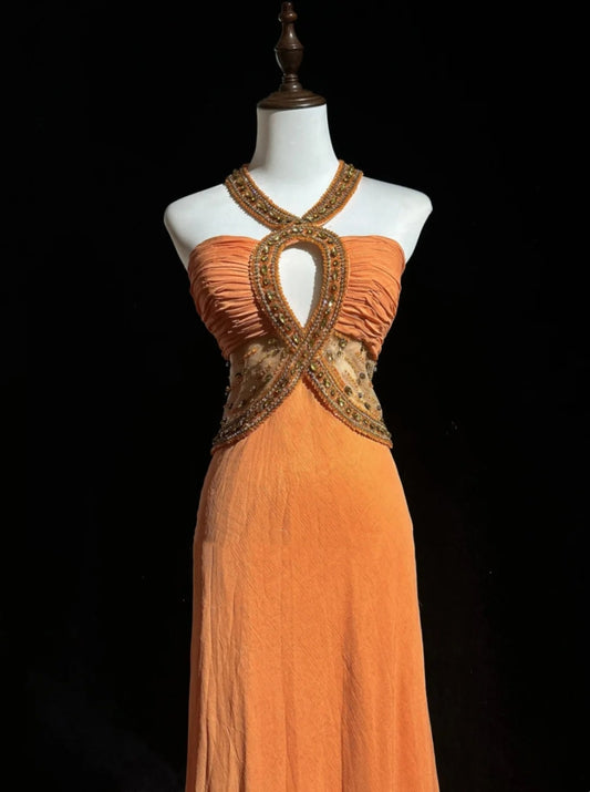 Vintage Prom Dresses Mermaid Halter Orange With Ruffle Beads Chiffon 90s Formal Gown N2587
