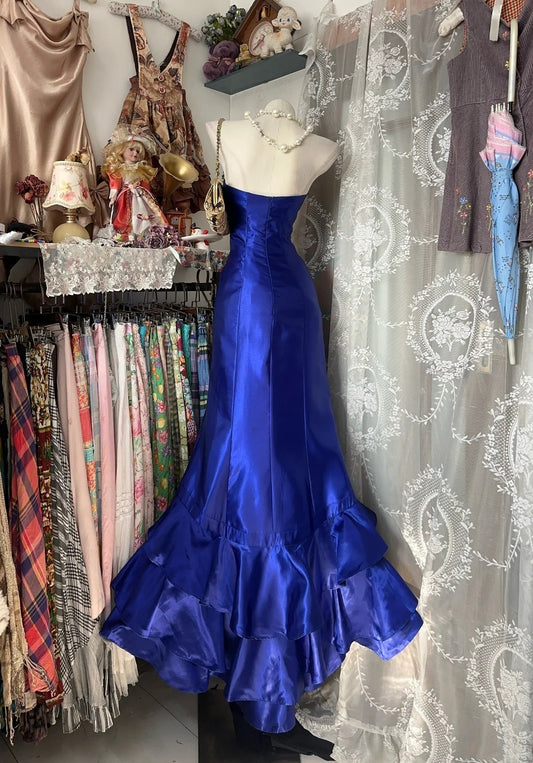 Vintage 2000s Mermaid Strapless Royal Blue Satin Sleeveless Long Prom Dress For Women Girls Evening Dresses N660